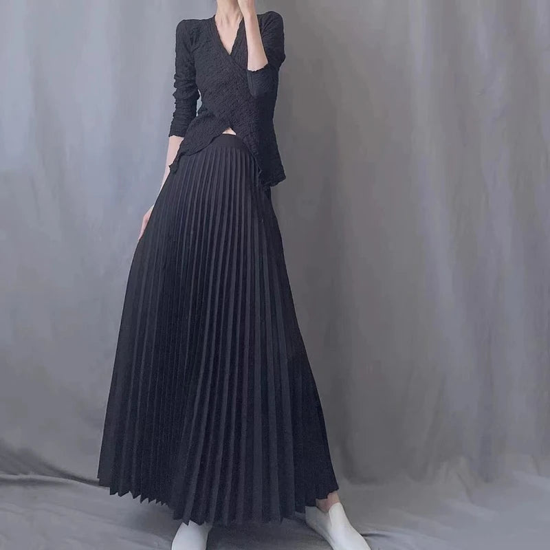 Shiny Silk Pleated Long Skirt Women Elastic High Waist Slim Solid A-Line Ladies Fashion All-Match Party Skirts Black White Gray