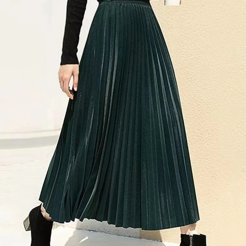 Shiny Silk Pleated Long Skirt Women Elastic High Waist Slim Solid A-Line Ladies Fashion All-Match Party Skirts Black White Gray