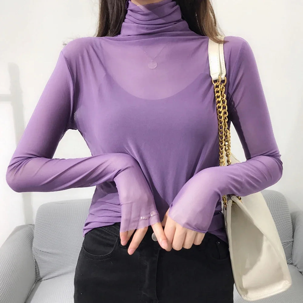 Cheaper T-Shirt Stretch Mesh Fabric T Shirt Top S-XL Purple Orange Green Pink Black White Yellow Long Sleeve Tees Clothing Girls