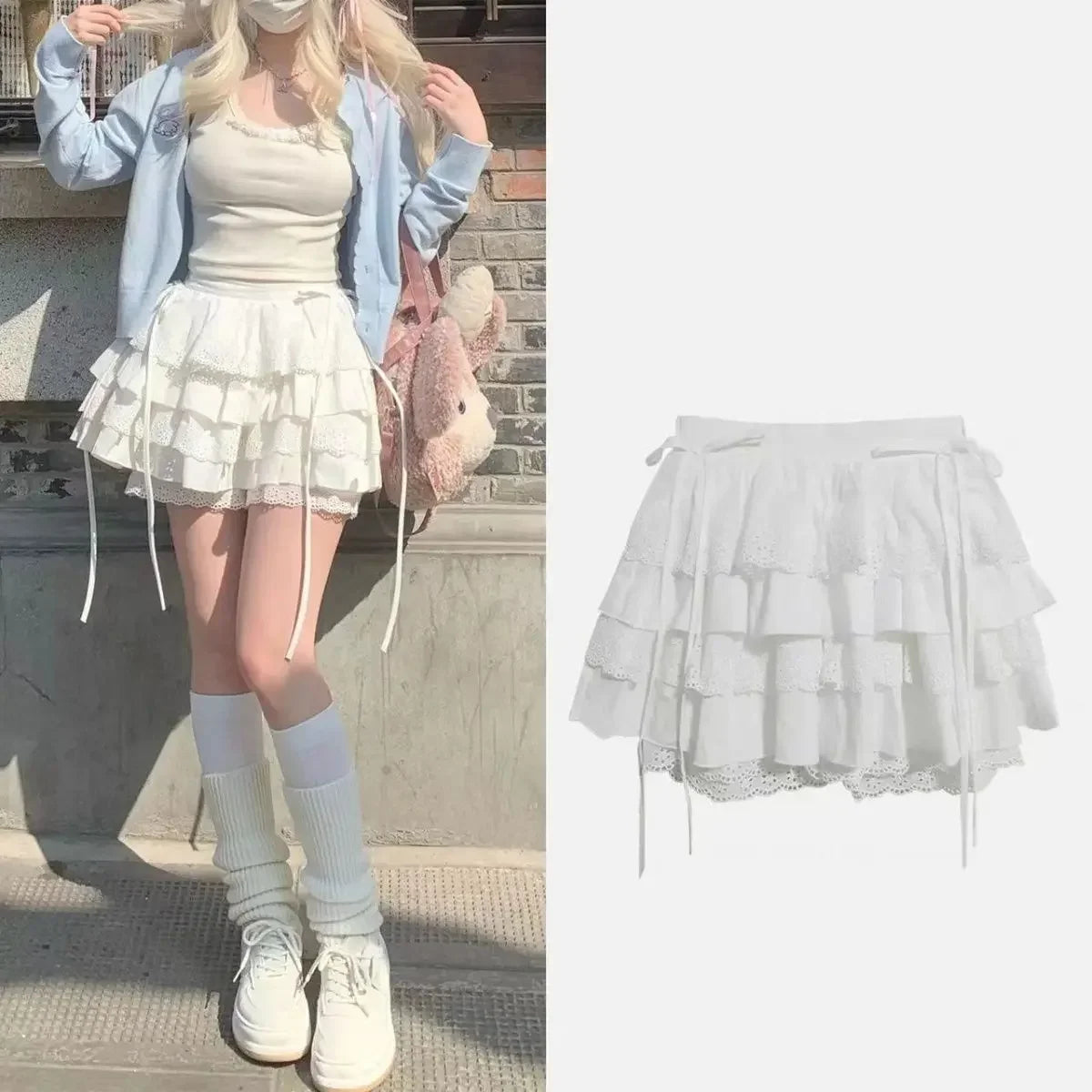 New Kawaii Lace Mini Skirt for Women Girl Cute Lolita White A-line Pleated White Skirt Japanese Harajuku Fashion Clothing