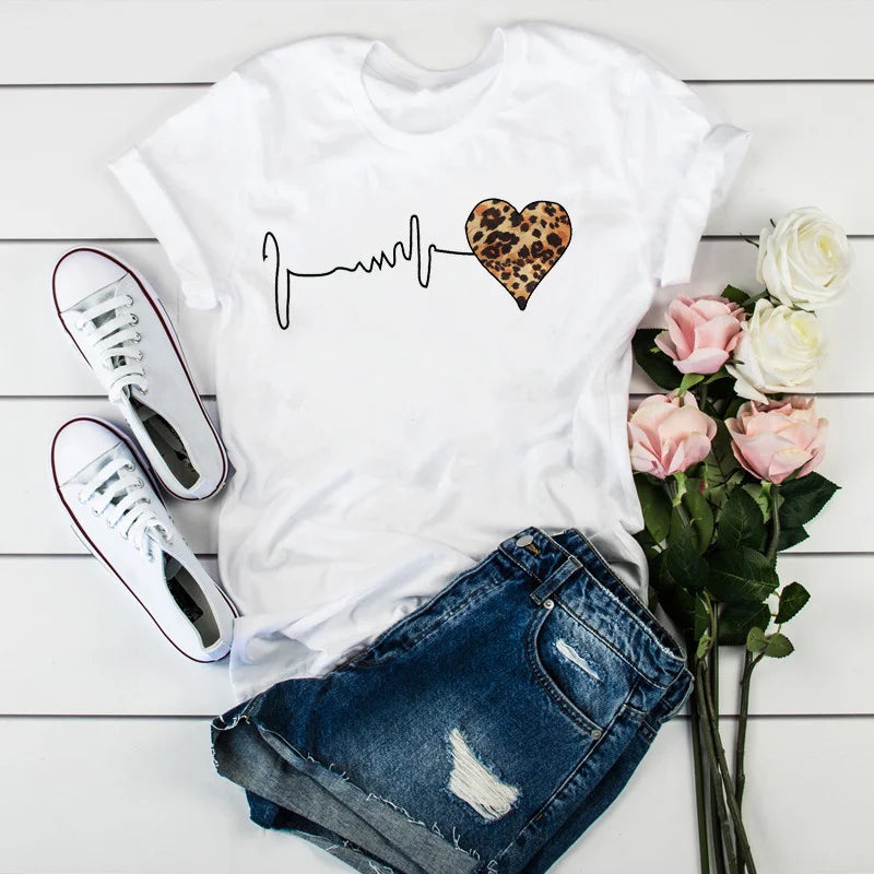 Summer New 90 's Leopard Heartbeat Short Sleeve Print Clothing Women's T-Shirt Harajuku Graphic Clothing Women's Top,Drop Ship