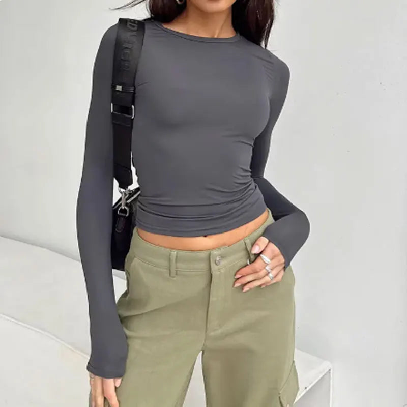 Women's Solid Color Long Sleeve Shirt Fashion 2024 Crop Top Base Layered Exercise Temperament Y2K Top Base Tops