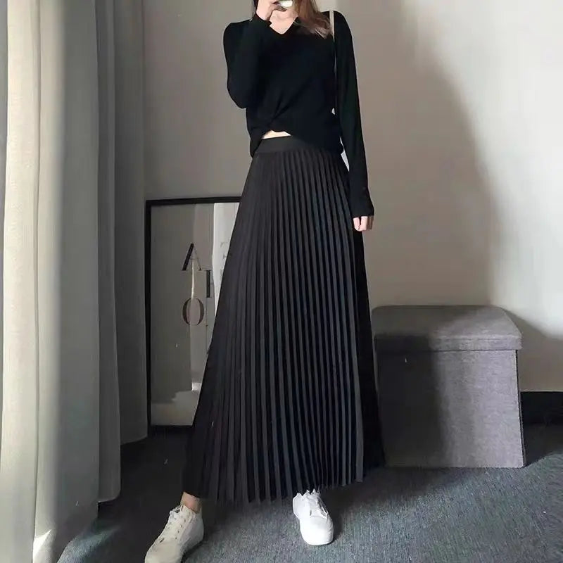 Shiny Silk Pleated Long Skirt Women Elastic High Waist Slim Solid A-Line Ladies Fashion All-Match Party Skirts Black White Gray