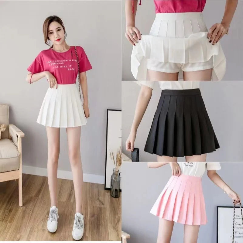 2024 Summer Women's College Style Versatile Chic Pleated Skirt High Waist Female Student Small Fresh Anti Shining Half Skirt