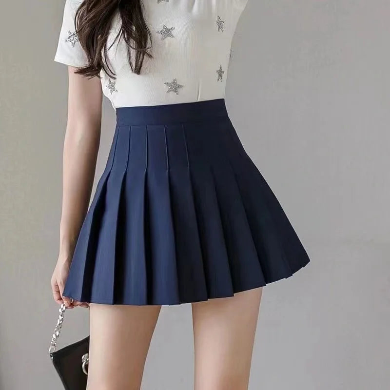 2024 Summer Women's College Style Versatile Chic Pleated Skirt High Waist Female Student Small Fresh Anti Shining Half Skirt