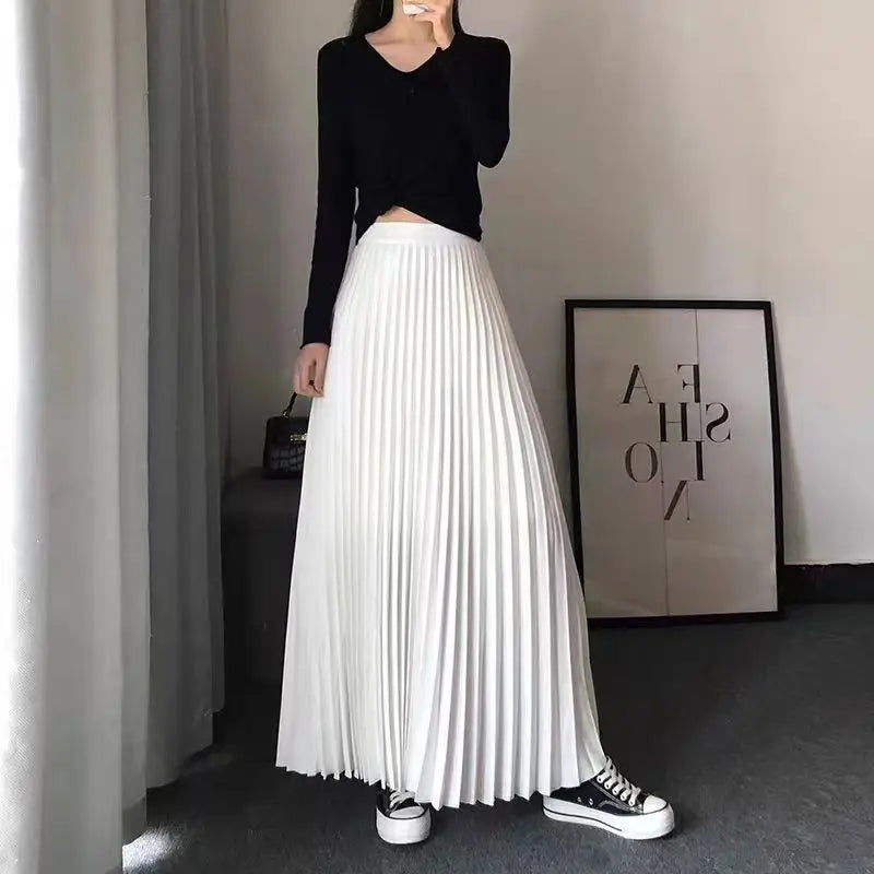 Shiny Silk Pleated Long Skirt Women Elastic High Waist Slim Solid A-Line Ladies Fashion All-Match Party Skirts Black White Gray