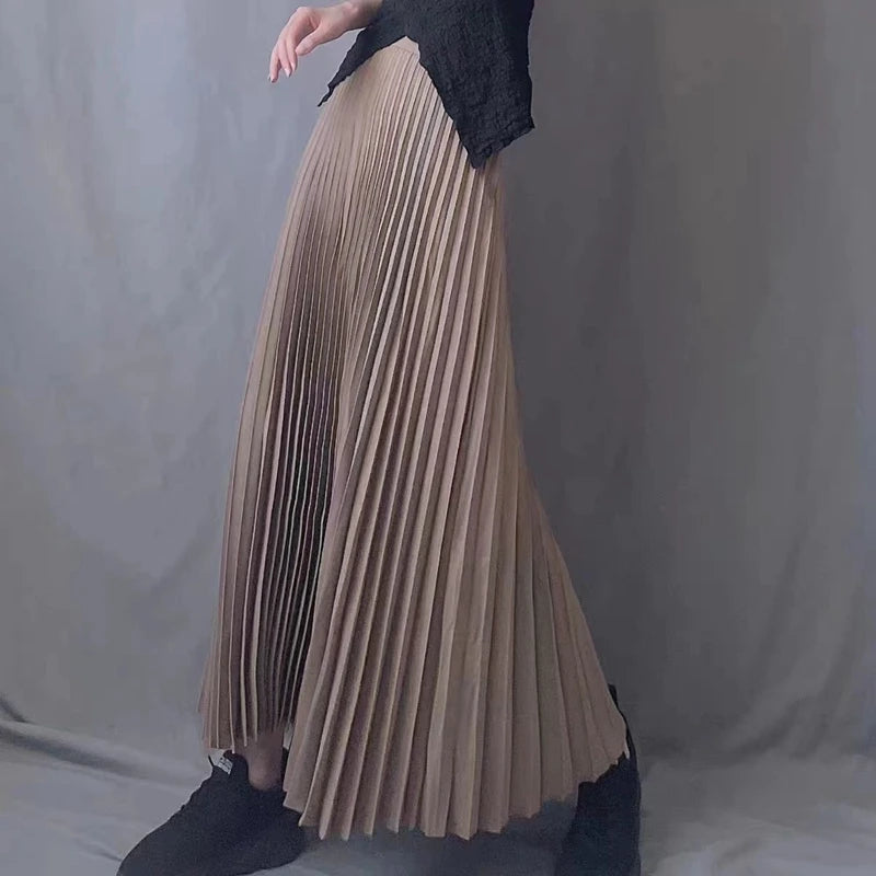 Shiny Silk Pleated Long Skirt Women Elastic High Waist Slim Solid A-Line Ladies Fashion All-Match Party Skirts Black White Gray