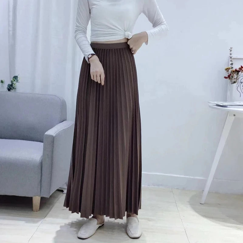 Shiny Silk Pleated Long Skirt Women Elastic High Waist Slim Solid A-Line Ladies Fashion All-Match Party Skirts Black White Gray